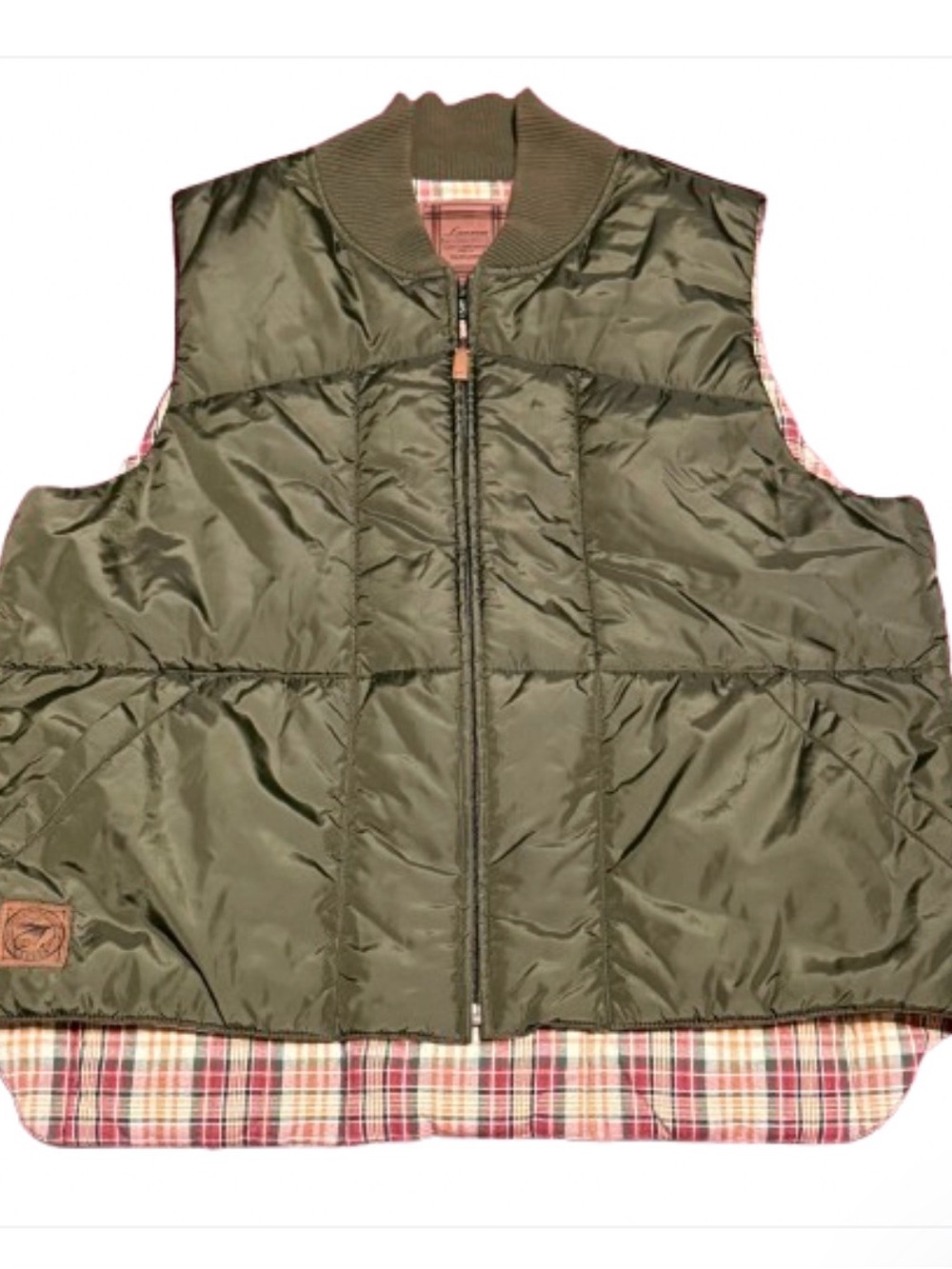 Vintage Ralph Lauren Puffer Vest Sz M Olive Green Plaid Lining Full Zip Fly Fish